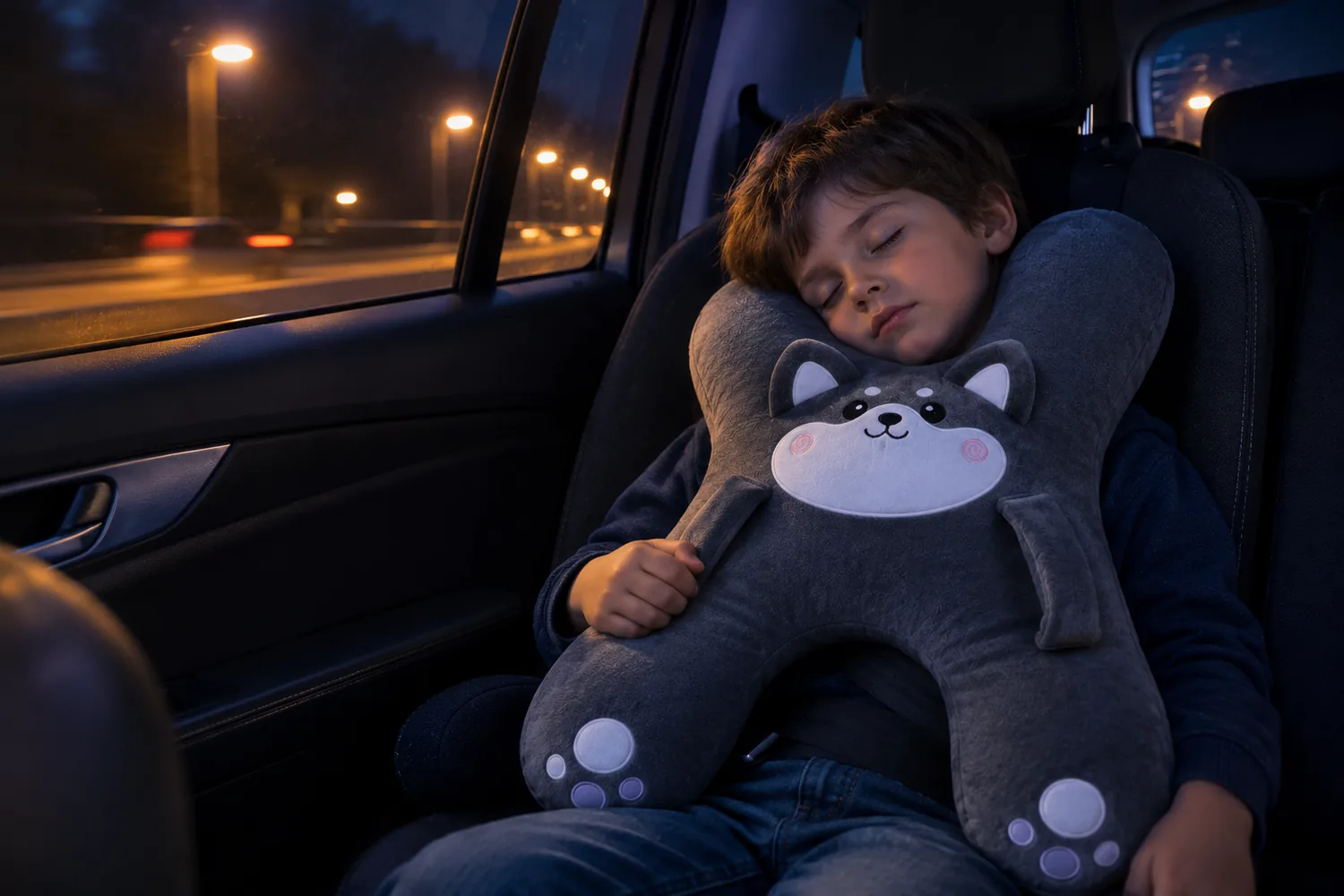 Petit garçon endormi de nuit dans son siège auto, la tête posée sur son coussin Husky gris